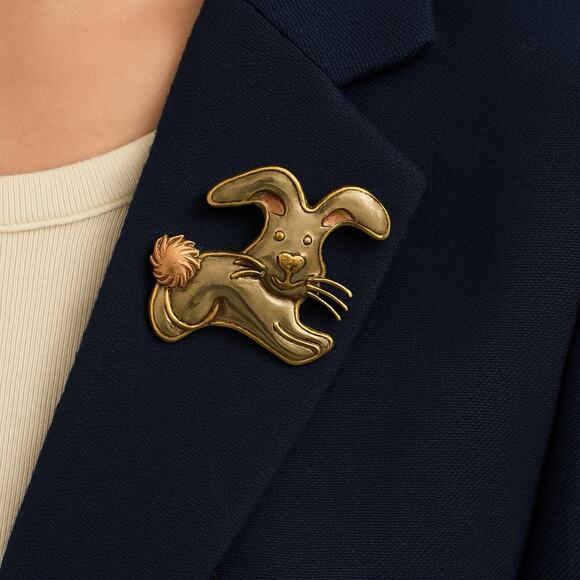 Vintage Mexico Sterling Silver Bunny Rabbit Pin Brooch Pendant Mixed Metal - Picture 3 of 4